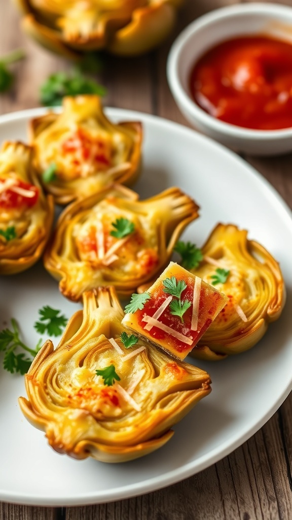 Baked Parmesan artichoke hearts on a plate, garnished with parsley, with marinara sauce on the side.